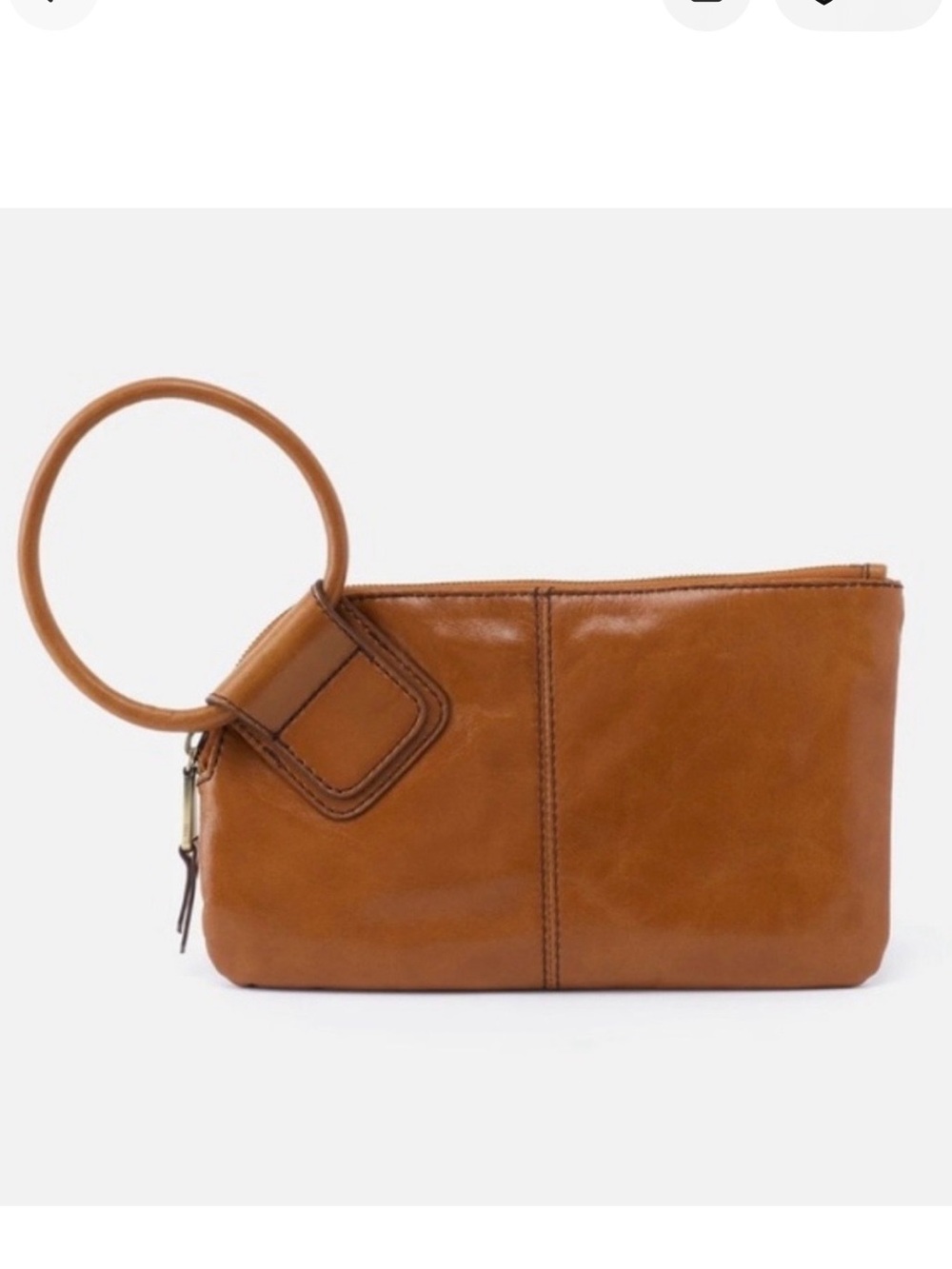 Hobo Sable Leather Wristlet Circle Handle Clutch Camel Brown Classic Minimalist